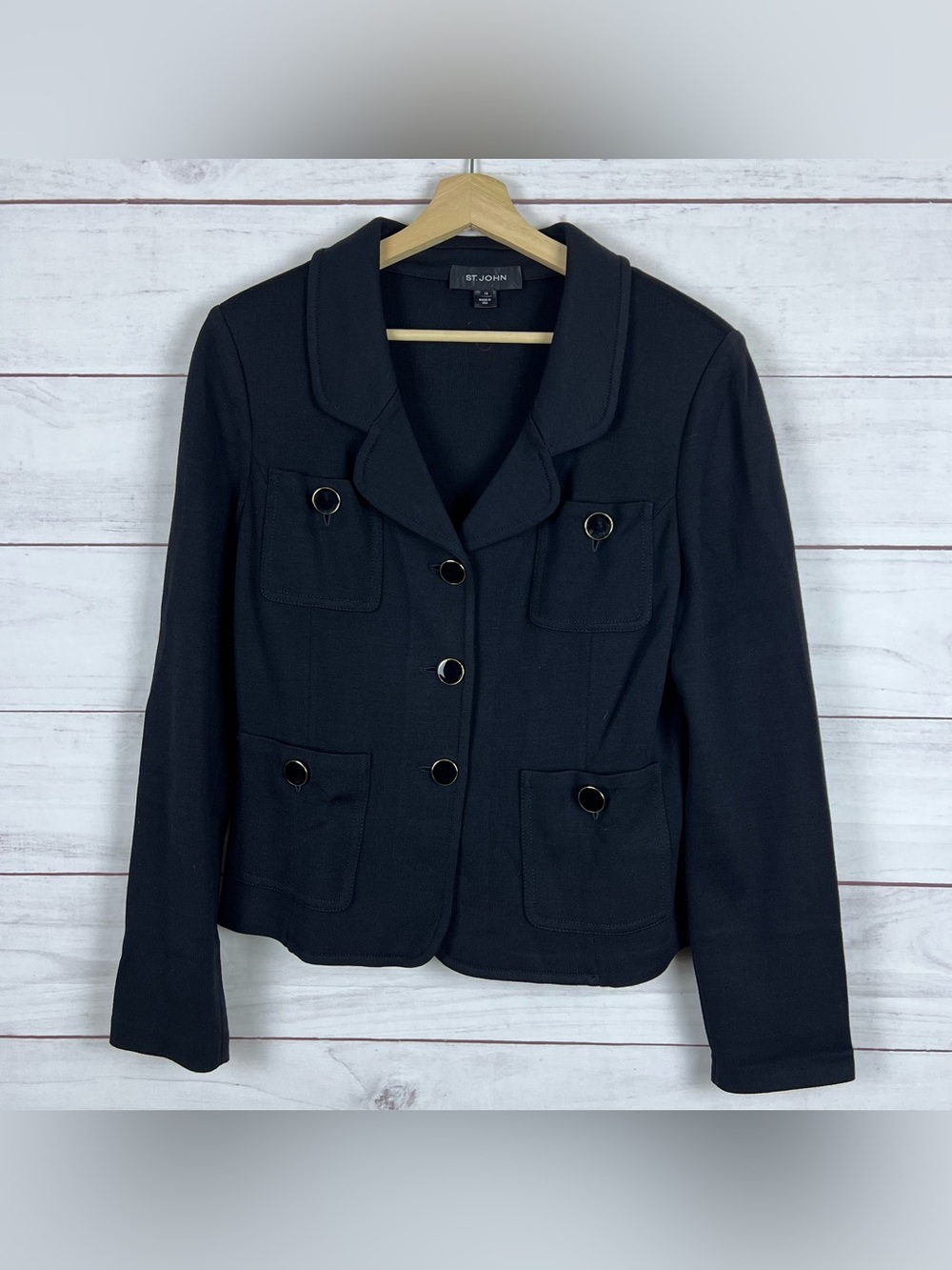 St. John Four Pocket Enamel Button Blazer Black size 14 Wool Rayon Blend